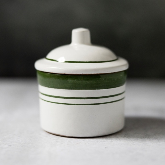 Small green white stoneware cheese crock canister with lid Pottery Craft Rondele - Picture 2 of 9